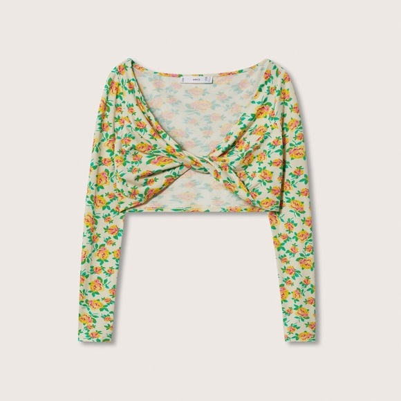 Mango Tops - MANGO Women’s Bright Floral Printed Knot Long Sleeve Crop Top Size Large